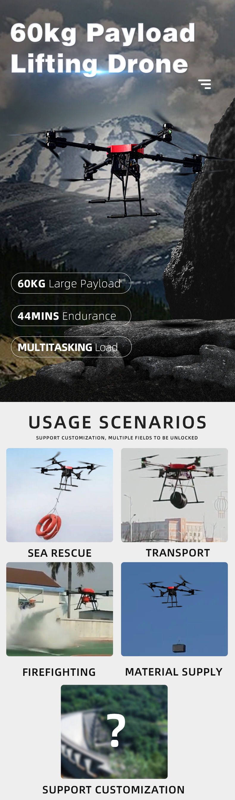 Frequency Hopping Encrypted Remote Control Customizable 60kg Payload Industrial Drone