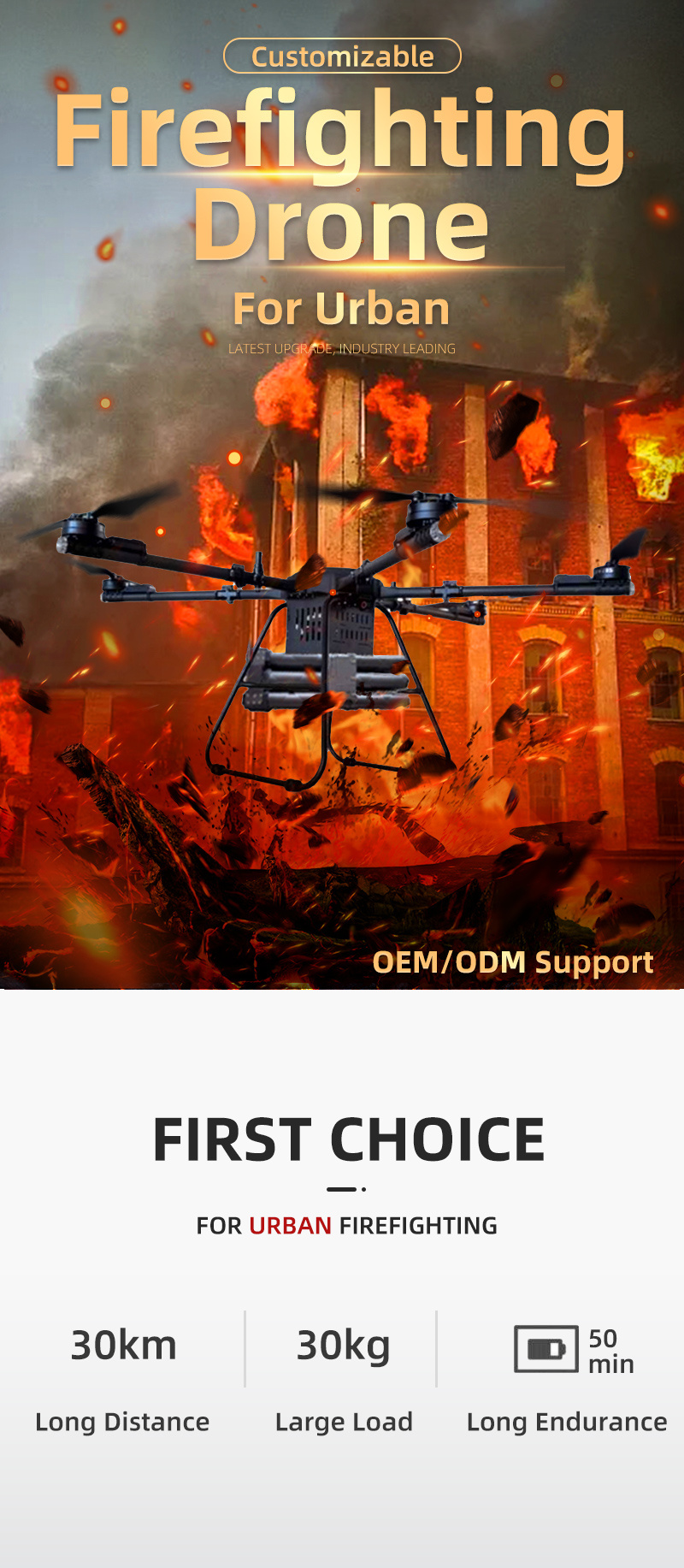 Professional Fire Extinguishing Uav Firefighting Drone for 30kg Heavy Load Fire Extinguisher